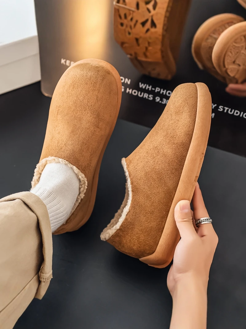 Men's Cotton Slippers Winter Fleece Lined Warm Anti-slip Soft Bottom Leather Fur Integrated Covered Head Casual Large Size Bi...