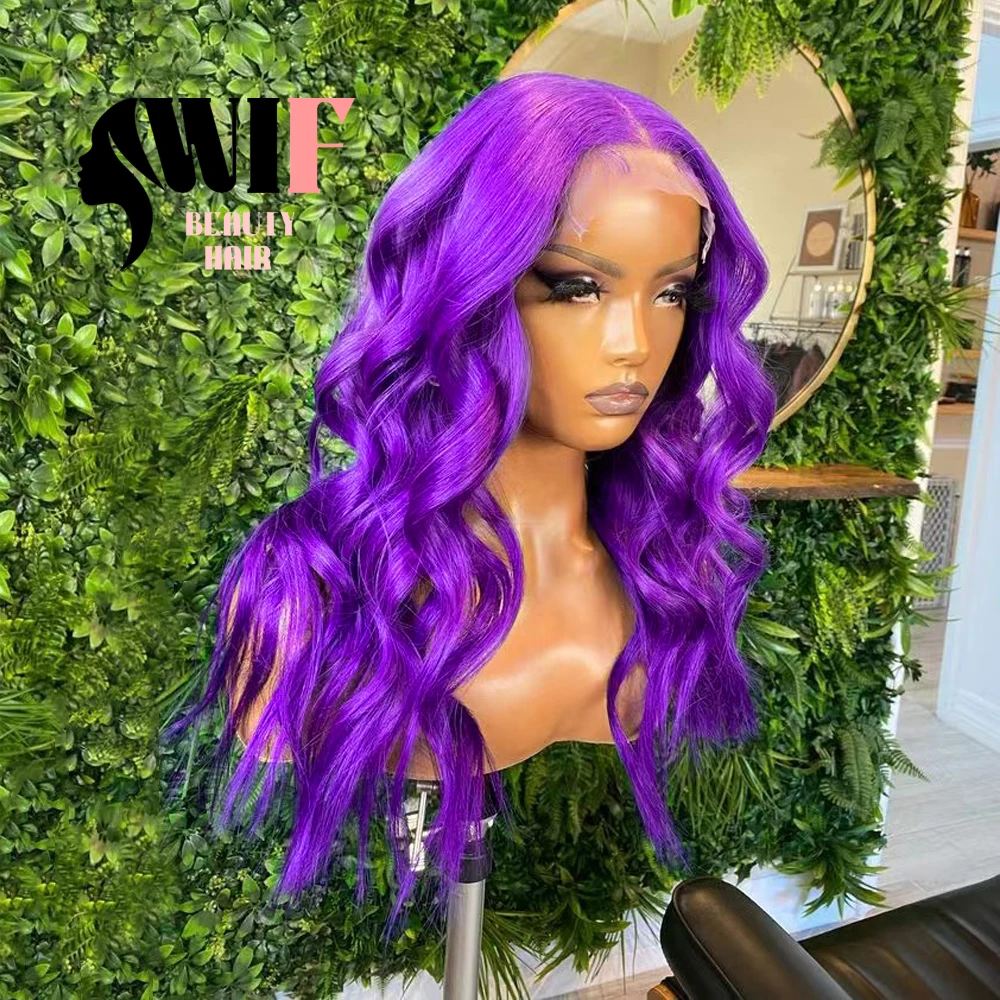 WIF-Peluca de encaje sintético para mujer, pelo ondulado de color púrpura, rayita Natural, fibra larga ondulada, pelucas delanteras de encaje, ropa de maquillaje de Cosplay