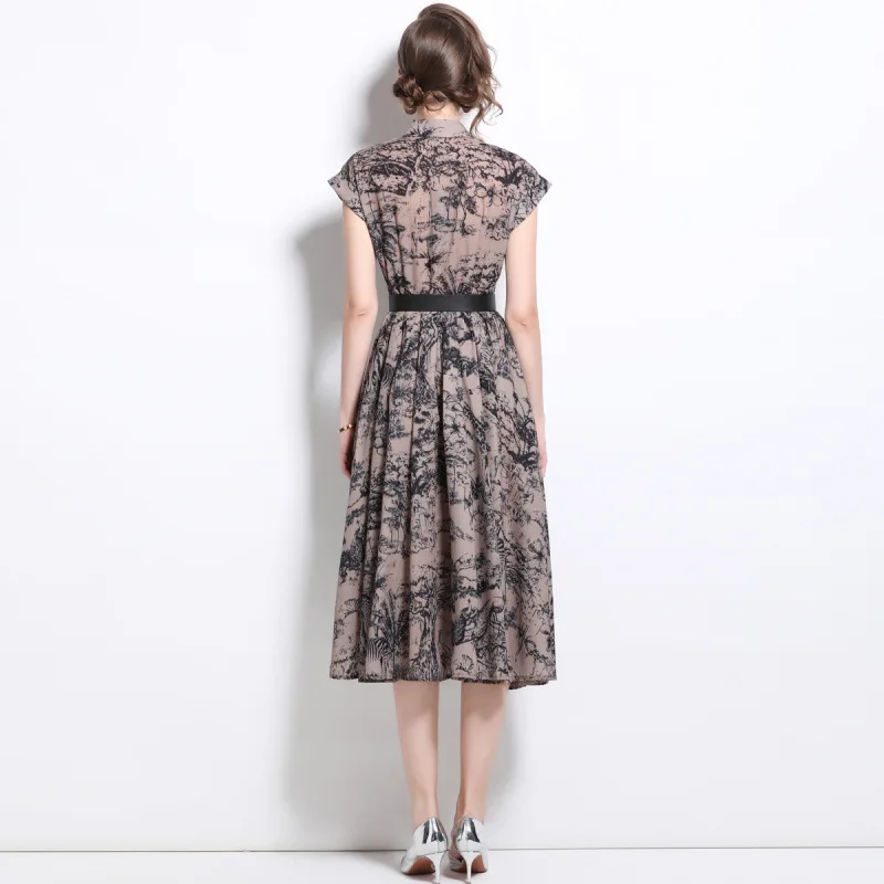 Sommer 2025, Kragen, bedruckt, ort Sve Dr, hohe Taille, A-Linie, Street Sle Thi, Stoff, Paar Dr