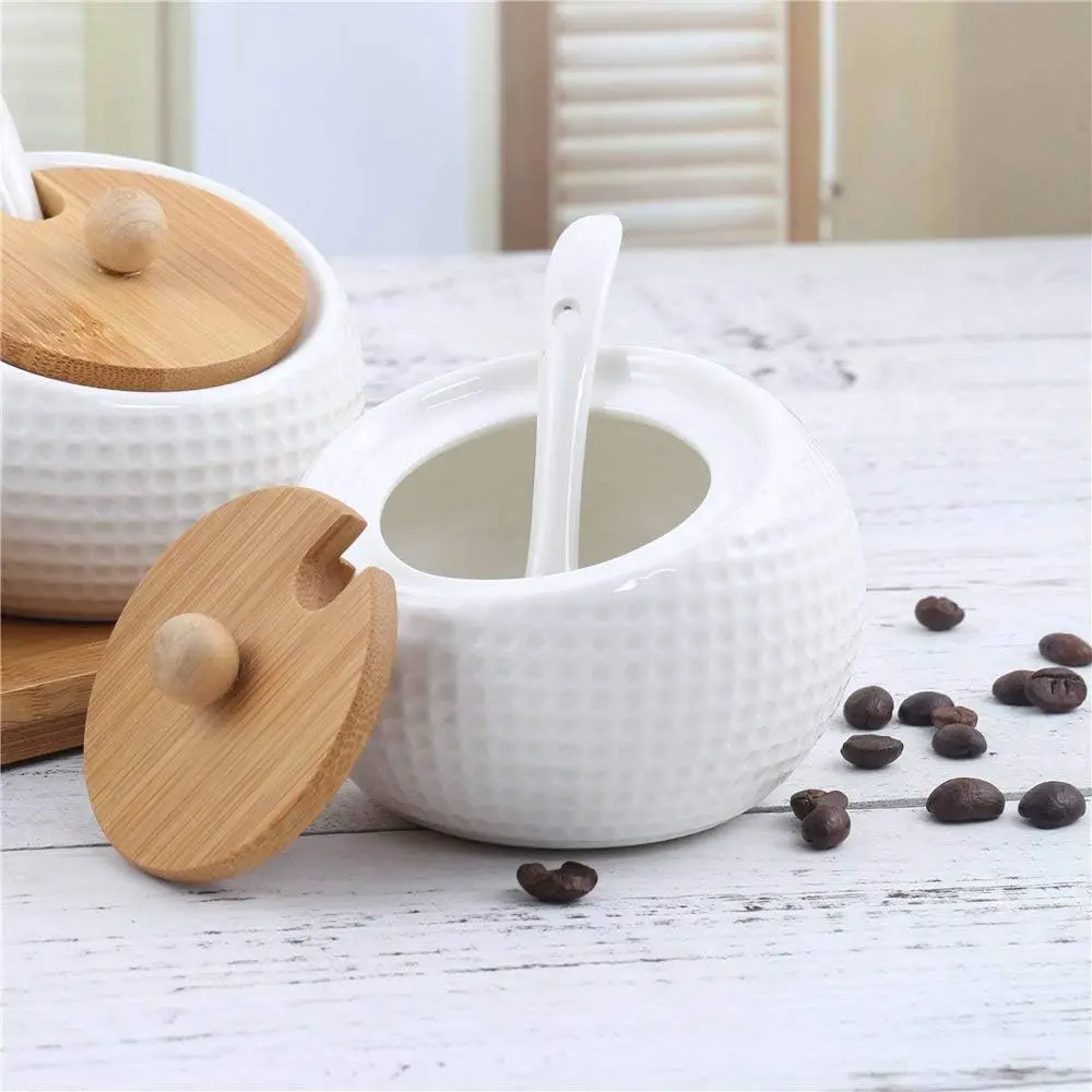 Ceramic Spice Jar with Lid - Bamboo lid holder, ceramic spoon, wooden tray, best for home, kitchen use