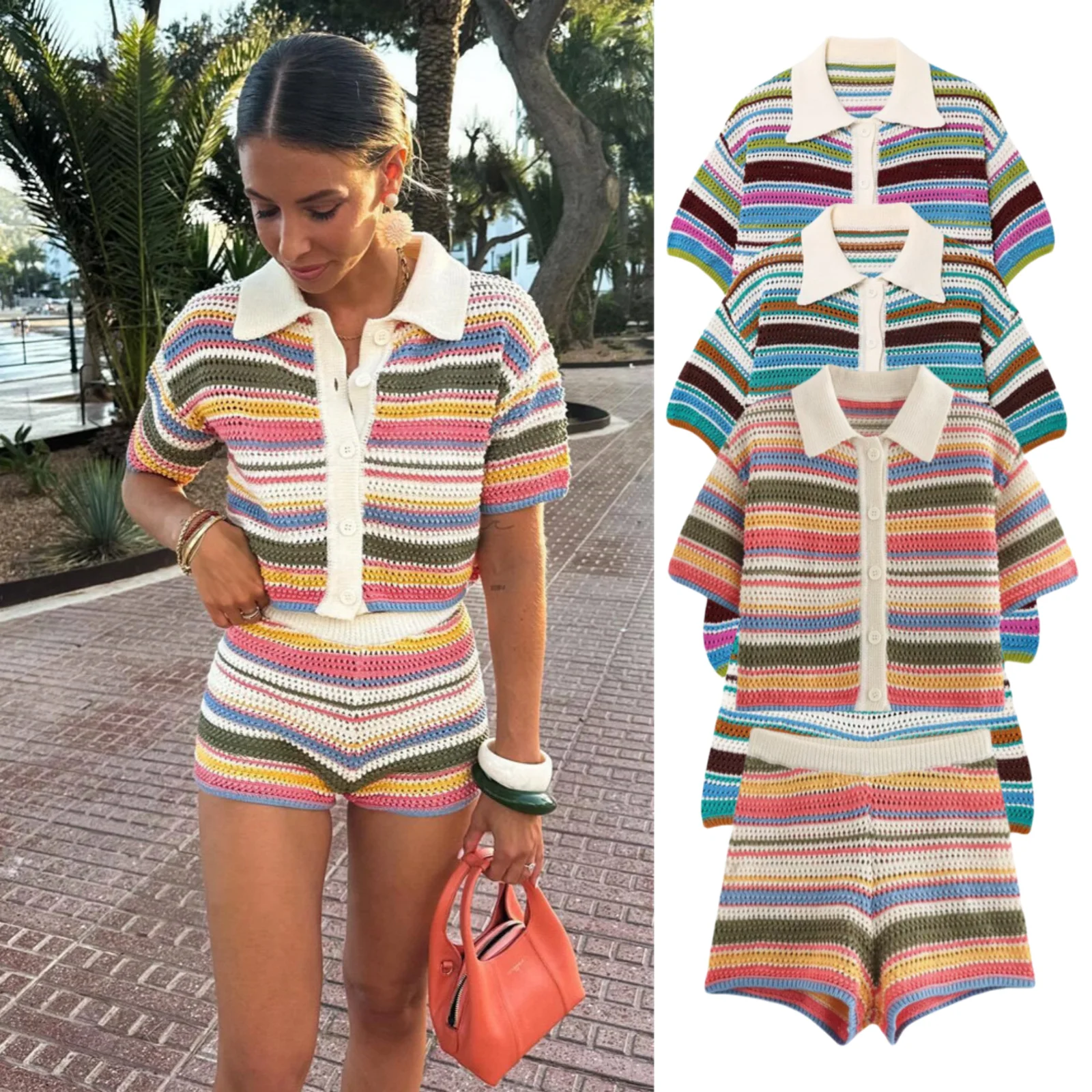 PB & za-conjunto de pantalones cortos de punto a rayas para mujer, suéter de cuello POLO informal, ajuste Delgado, temperamento de moda, Otoño, nuevo, 2024