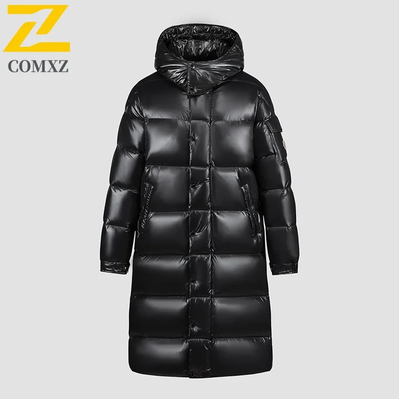 COMXZ 2025 Men Long Glossy Leather lightweight windbreaker  Winter New Youth Thickened Cold Proof Thermal outdoor Hooded Coat
