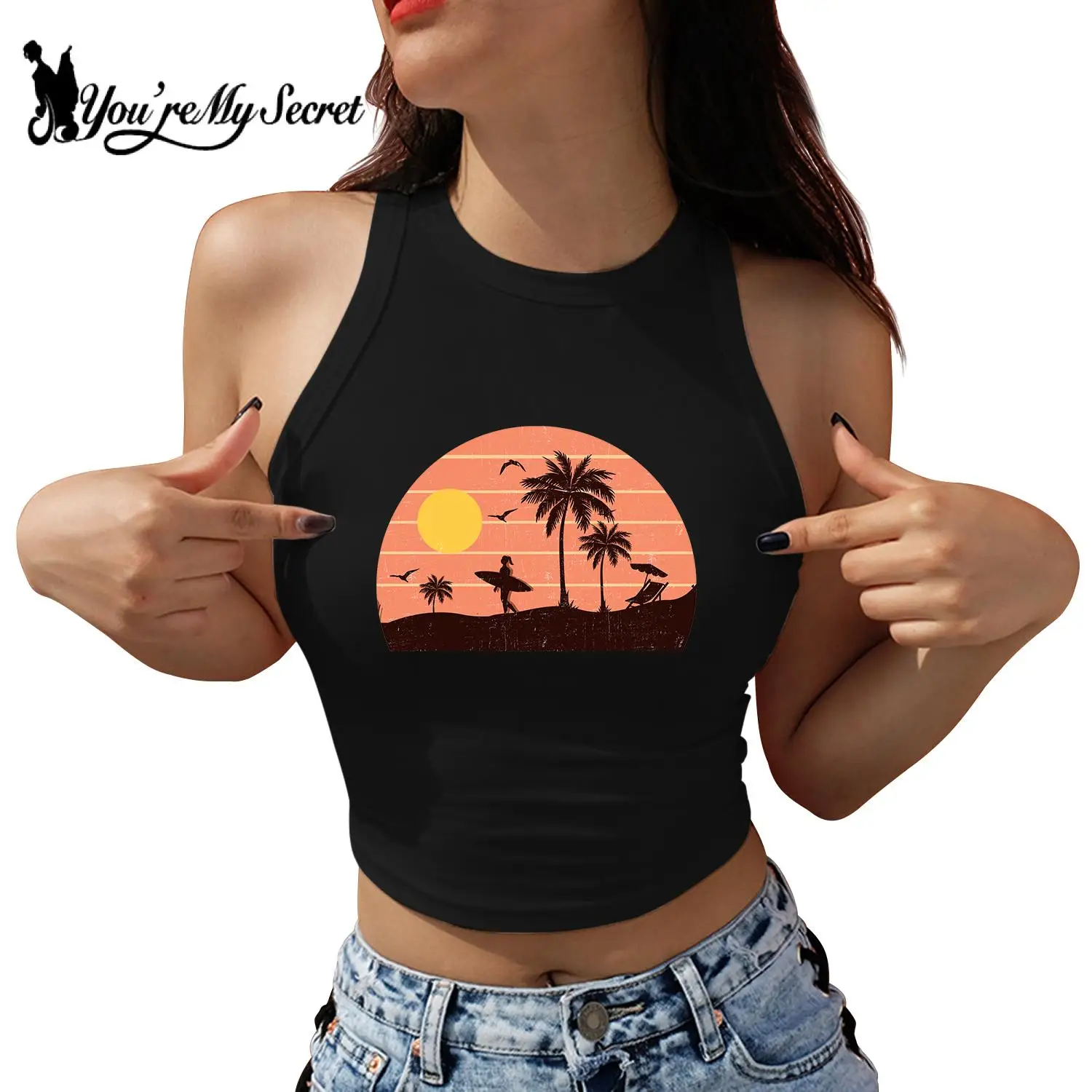 [You're My Secret] Funny Hawaii Sea Beach 3D Print Women Sexy Crop Top Shirt Sleeveless Tank Streetwear Slim Tee Y2K Clothes