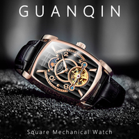 GUANQIN Men's Automatic Mechanical Watch Square Skeleton Fashionable Stainless Steel Sapphire Luminous Waterproof Wristwatch