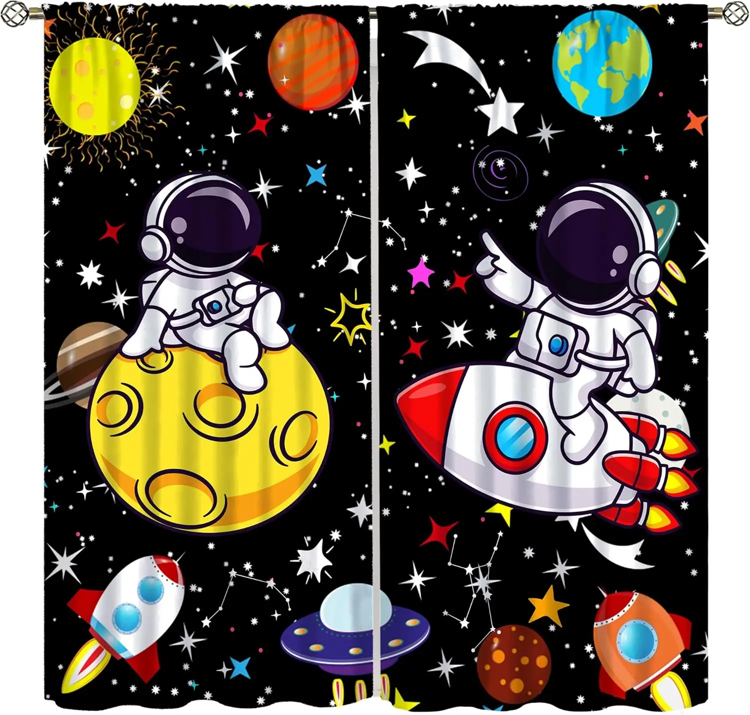 Cartoon Space Astronaut Curtains, Solar System Planet Rocket Print Drapes for Boys Baby Nursery Bedroom Home Decor