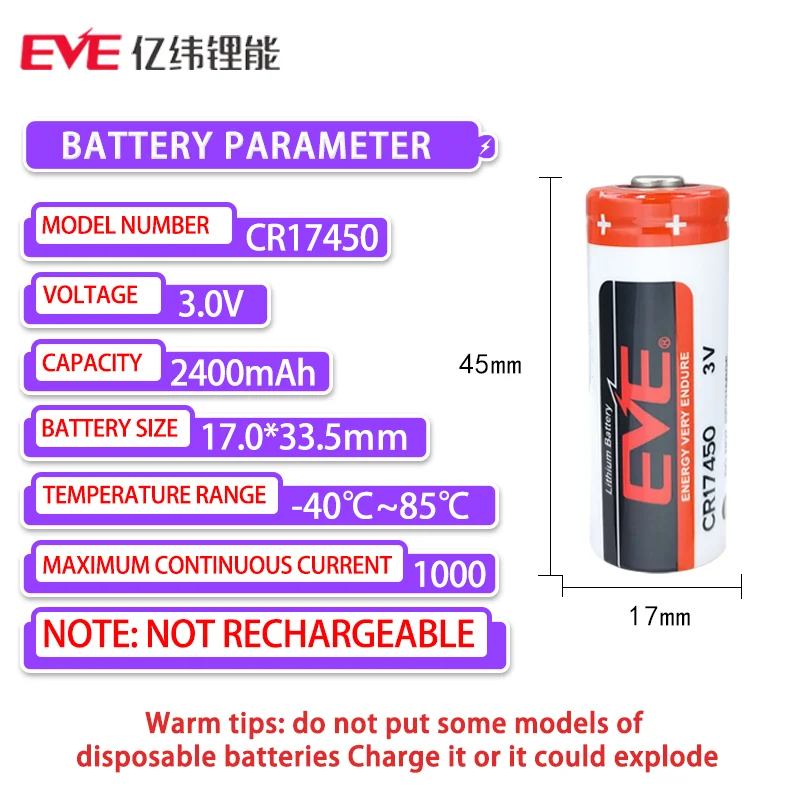 EVE CR17450 3V Li-MnO2 Battery， Intelligent water meter, heating meter, direction indicator, CNC machine control cabinet view 2
