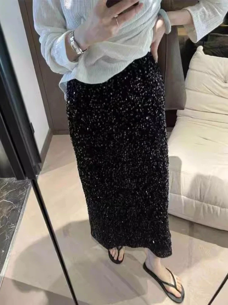 

2024 Europe and the United States new fashion high-waist slimming sequin skirt female elastic waist after slit elasticity