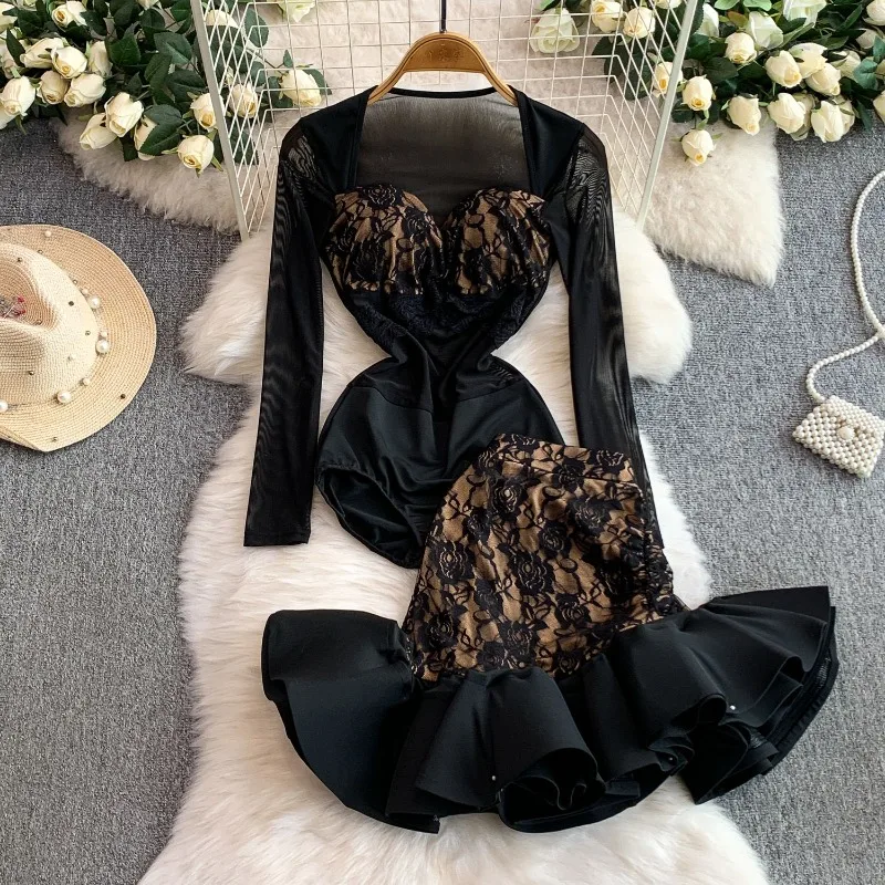 

Women Autumn Spring Tops Skirts Jumpsuits Suits Lace Patchwork Square Neck Minimalist Comfortable Fashionable Niche Versatile