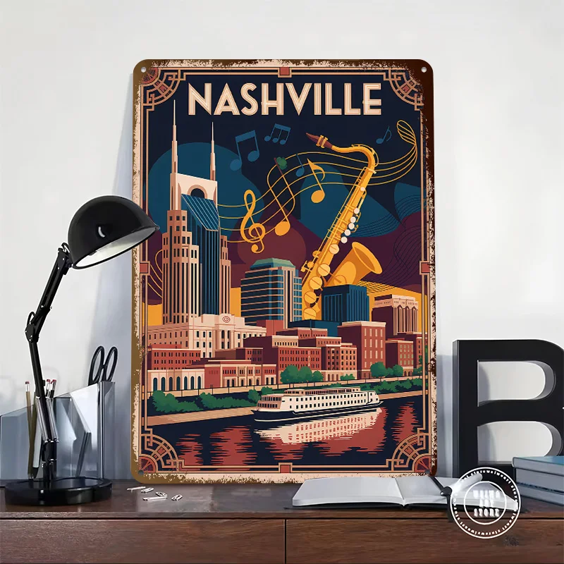 Nashville Cityscape With Saxophone Tinplate Poster Custom Wall Art Vintage Metal Signs Retro Tin Plaque for Decoration At Home