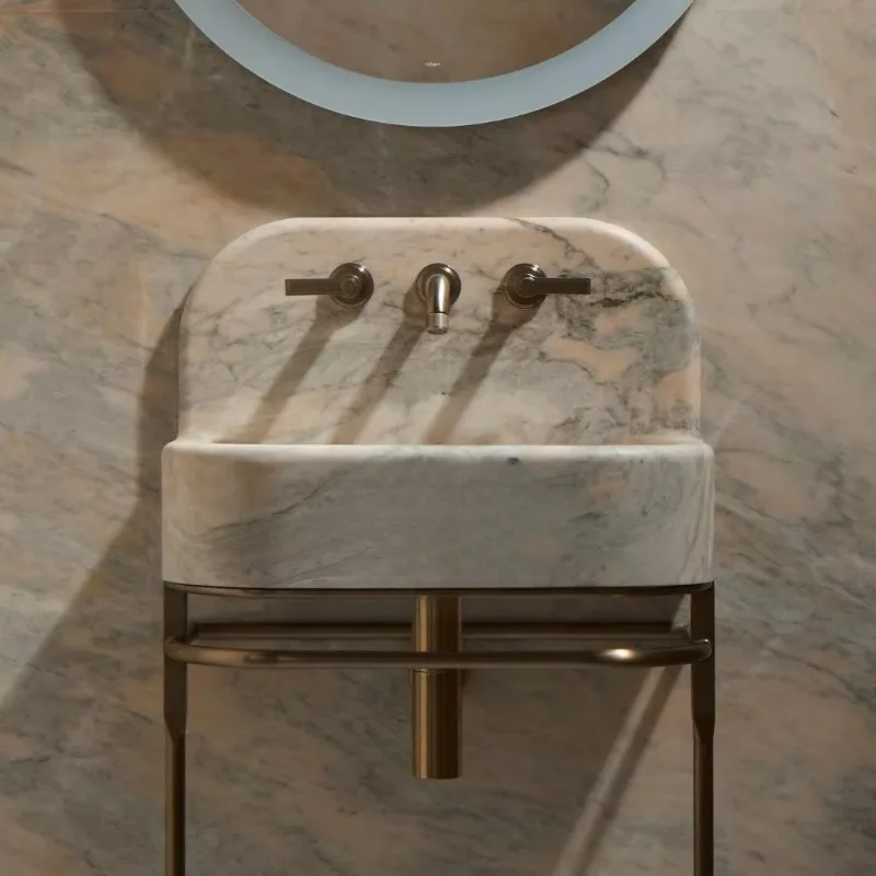 Marble wall-mounted single basin sink rose gold vein floating sink villa hotel premium bathroom