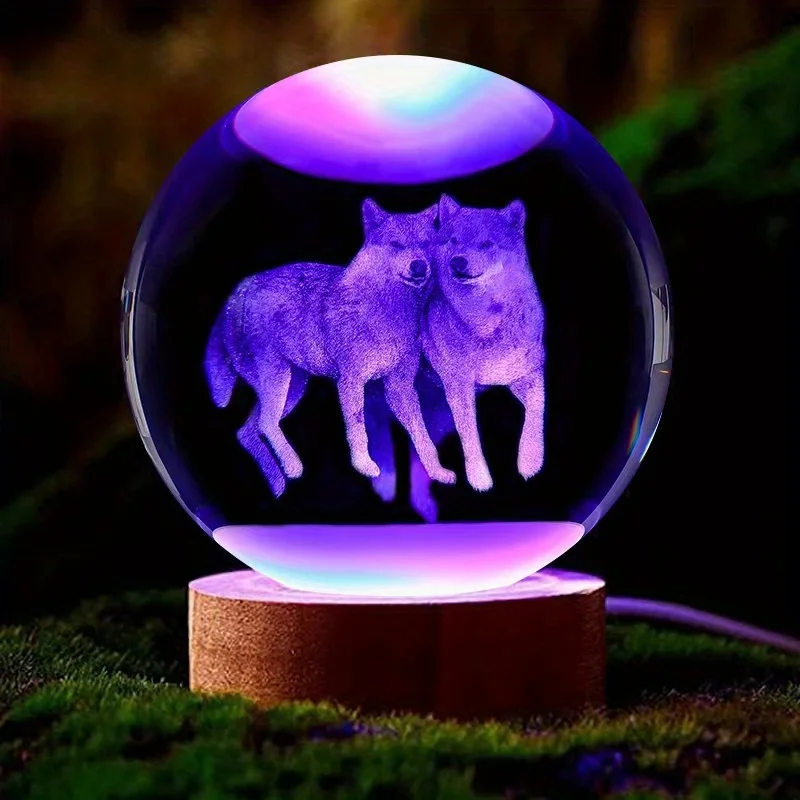 1PC 3D Wolf Crystal Ball Wooden Base Night Light, Girlfriend, Wife, Parents, Christmas Anniversary, Glass Ball, Living Room, Bed