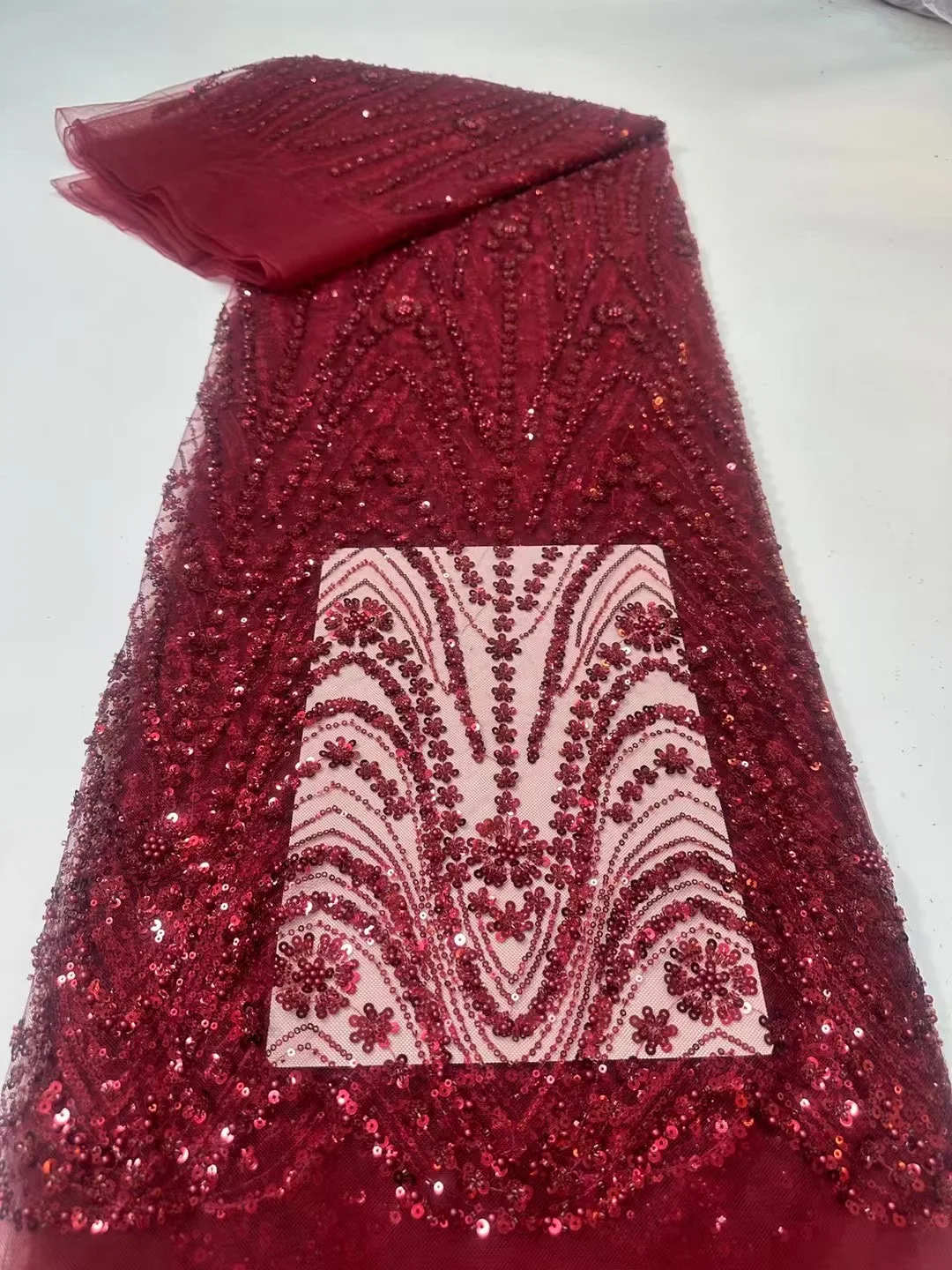 

French Lace Fabrics High Quality African Beaded Embroidered Nigerian Sequins Tulle Lace 5 Yards For Sewing Party Dresses