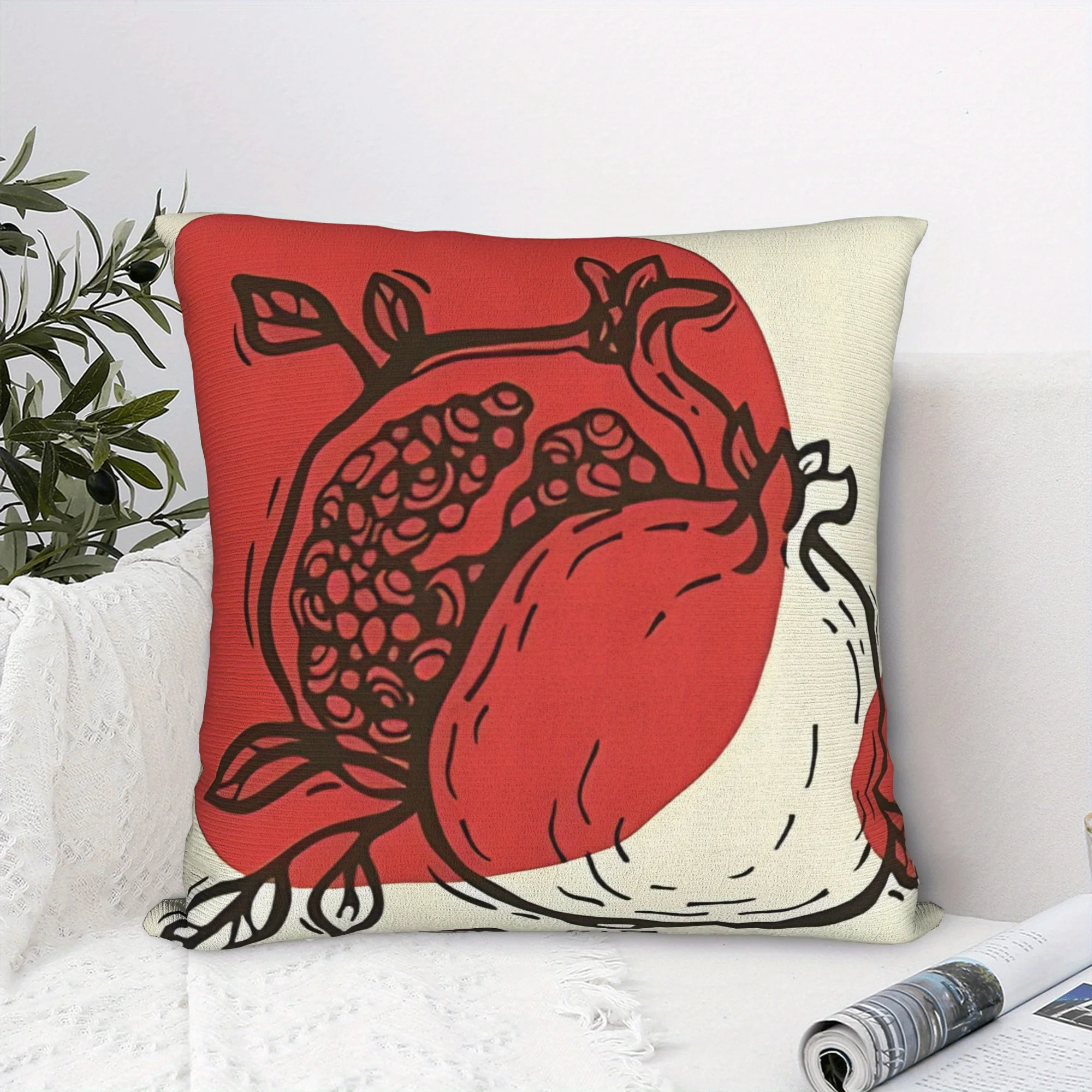 1pc Linocut Pomegranate Pillow Cover 45x45cm – Bold Red Fruit Print, Cotton Canvas, Hidden Zipper, Machine Washable, No Insert