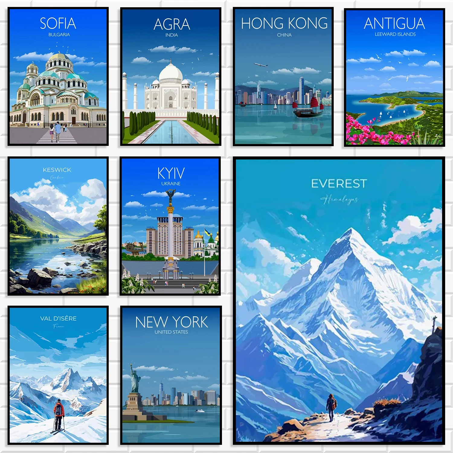 Colorful Mid-Century World Travel Canvas Wall Art Set Vibrant Global Famous City Mountain Beach Landmark Retro Poster Home Decor