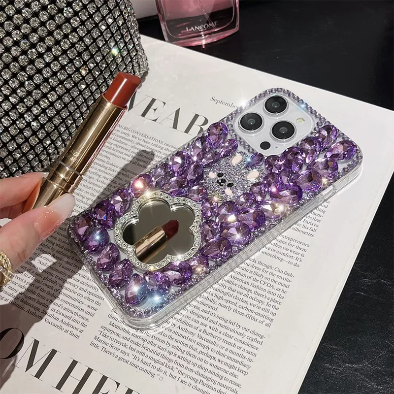 Bling Diamond Cute Rabbit Case for iPhone 11 12 13 14 15 Pro Max XR XS 7 Plus Glitter Rhinestone Mirror Makeup Luxury TPU Cover