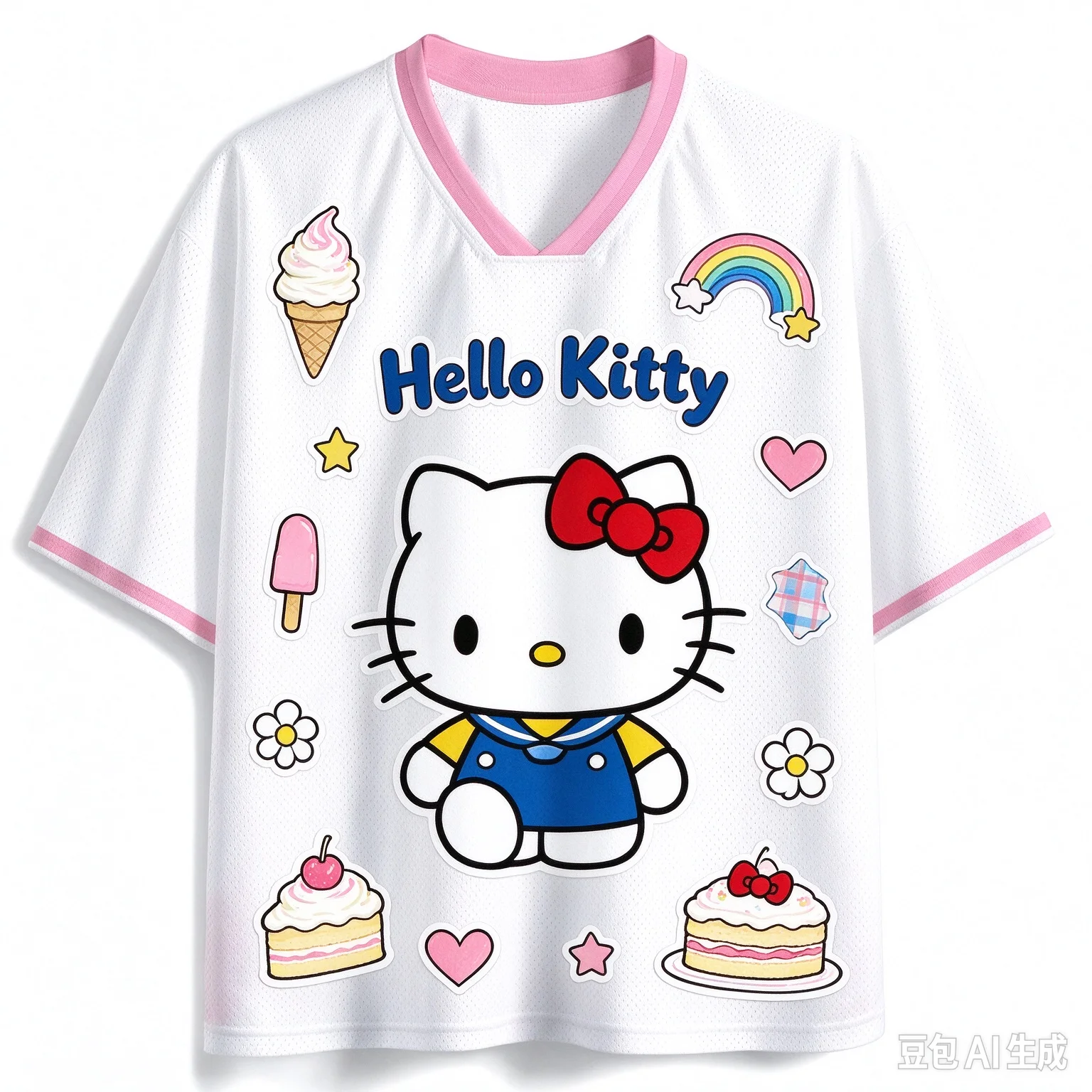 2026 Cute Hello Kitty Strawberry Graphic Jersey T-Shirt Women V Neck Short Sleeve Kawaii Cartoon Oversized Tee Casual Streetwear
