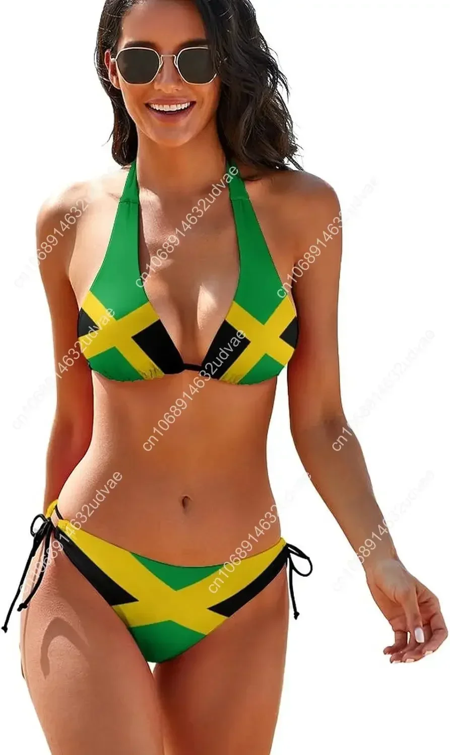 Women's Jamaican Flag Two Piece Sexy Halter String Triangle Bikini Swimsuit