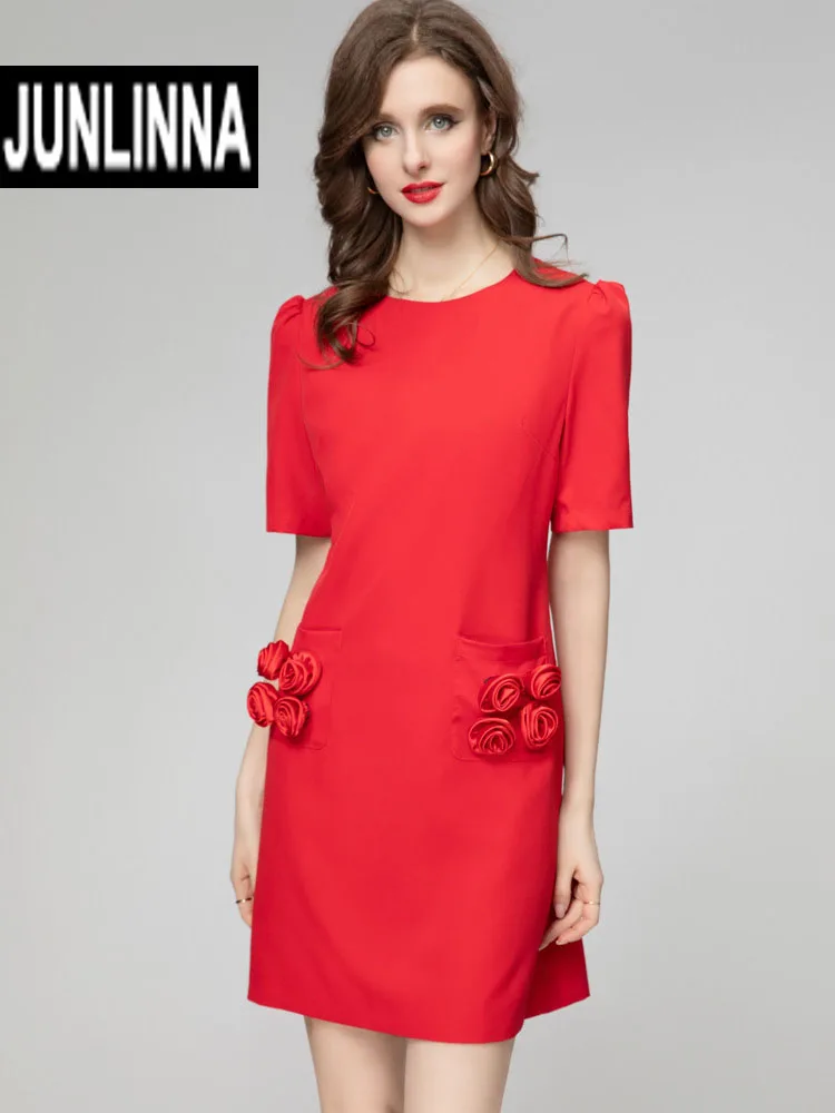 

JUNLINNA Fashion Runway Spring Summer Dress Red Black Colour Flower Appliques High Street Women Mini Vestidos