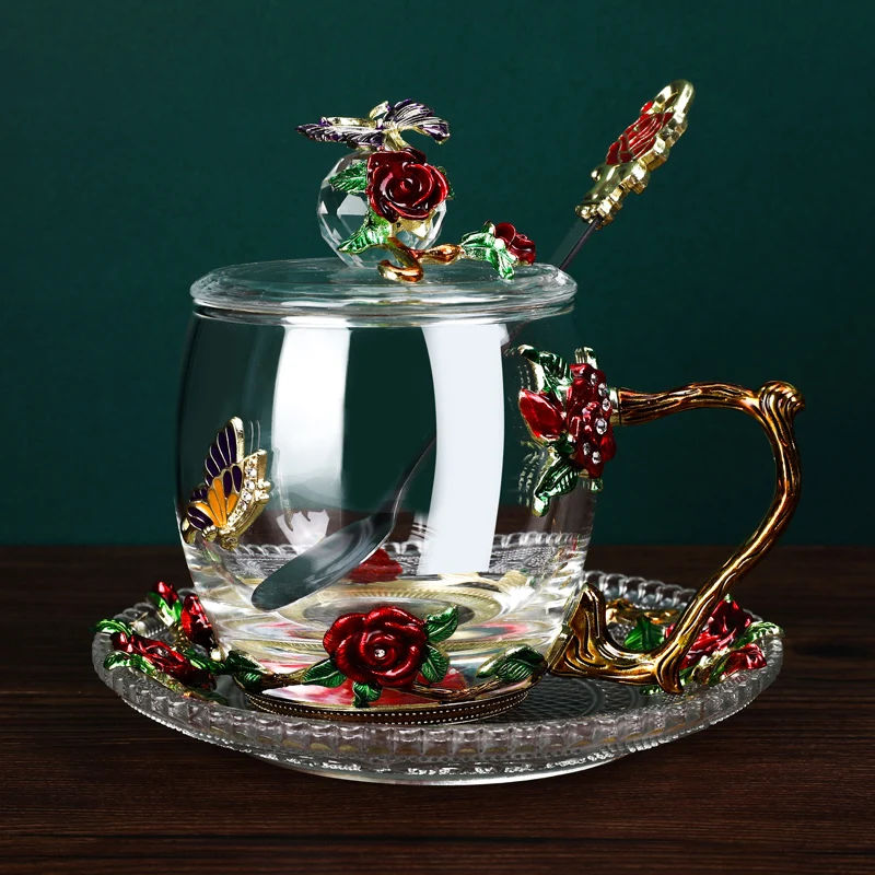 

Enamel Colored Water Cup, Household Glass Coffee Cup, Office Flower Tea Cup, Gift to Girlfriend, Teacher Practical Gift Set