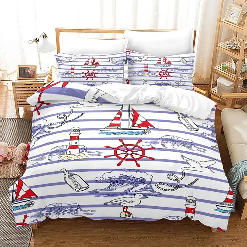Ocean Theme Duvet Cover King Navigation Compass Sailboat Lighthouse Icon Bedding Set Microfiber Geometric Stripe Comforter Cover