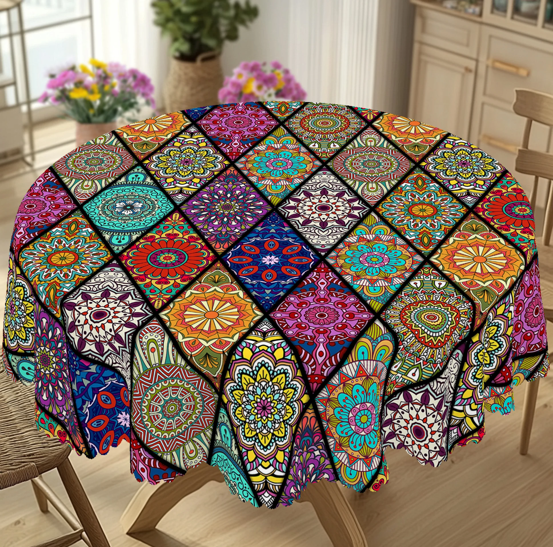 1 Piece of Spring and Summer Bohemian Moroccan Style Round Tablecloth, Retro Colorful Flower Pattern Rectangular Tablecloth, Home Kitchen Table Cover, Indoor and Outdoor Use, Home Decoration, Holiday Gift for Family Friends