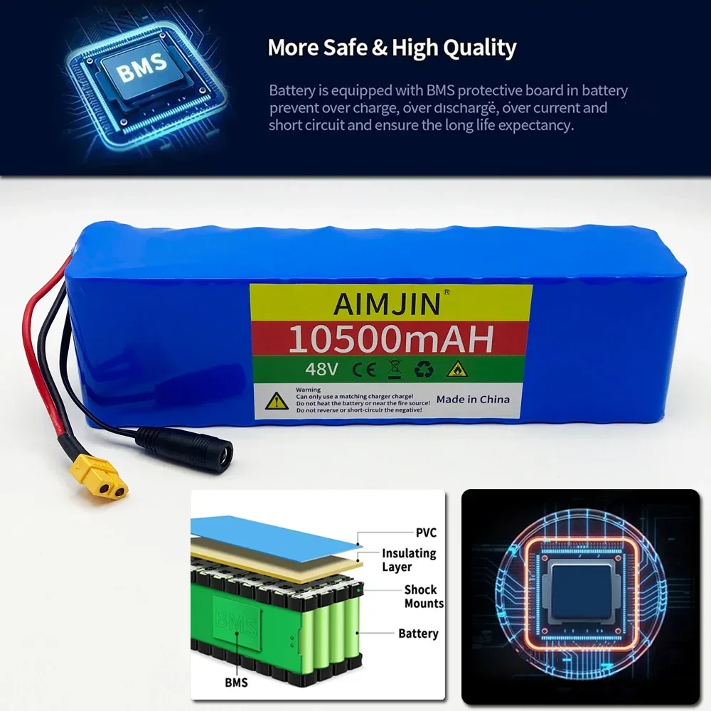 2026 New 48V 100Ah 10.5Ah 2000W 13S3P DC-XT60-T Lithium Ion Battery Pack Suitable for 48V motors with BMS + 54.6V Charger