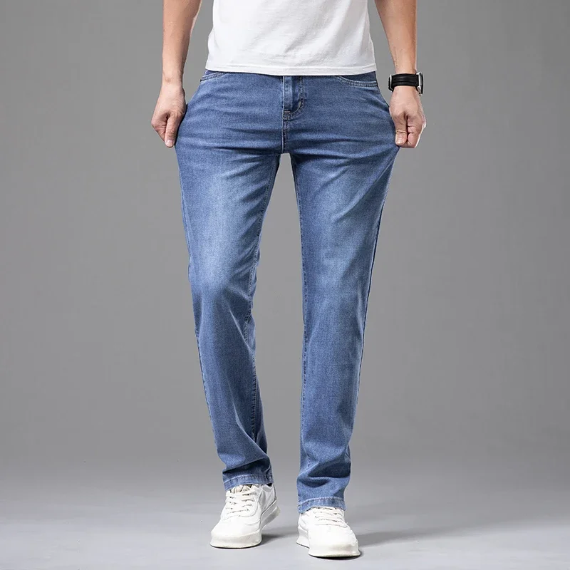 Zomer dunne heren elastische katoenen jeans mode grijze comfortabele zakelijke rechte casual broek merk mannelijke kleding broek