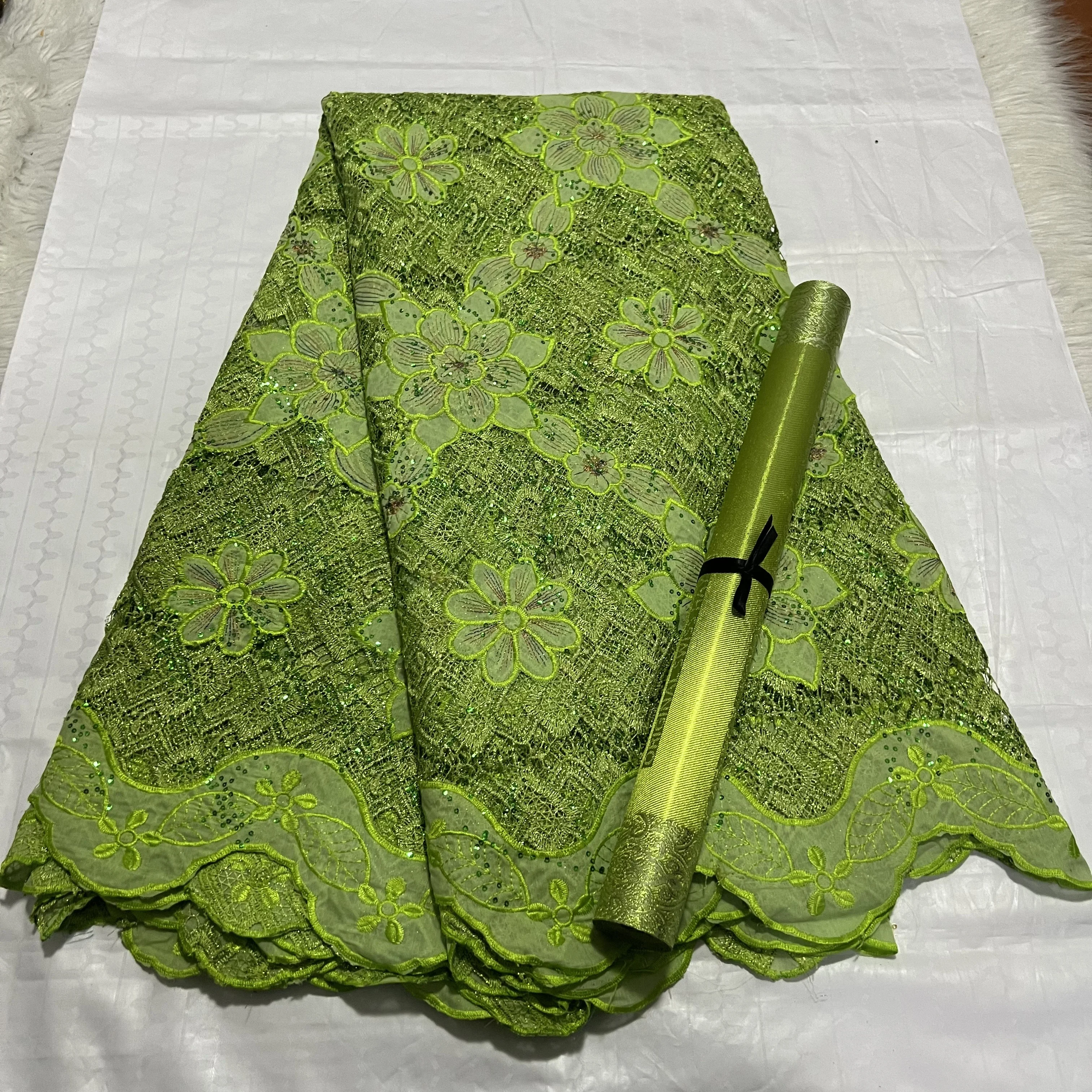 

5Yards Handcut Sequins Embroidery Tulle Lace Fabric with 3D Hayes Sego Headtie 2Pcs Bag for Women Wedding Party Hat