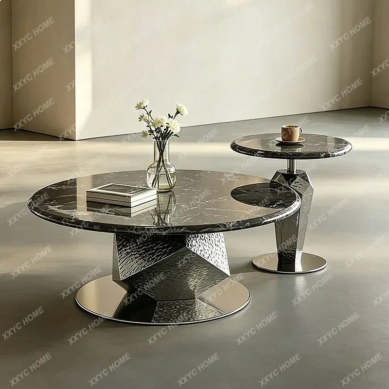 XX Minimalist Marble Coffee Table Set for Living Room, Small Space Designer Stainless Steel Diamond Shape