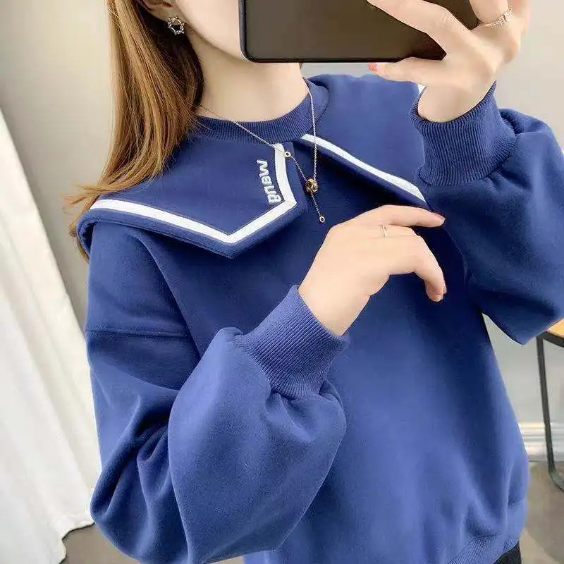 Spring Autumn Women\'s Clothing Pullover Lantern Long Sleeve Letter Embroidered Casual Hoodies Peter Pan Collar All-match Tops