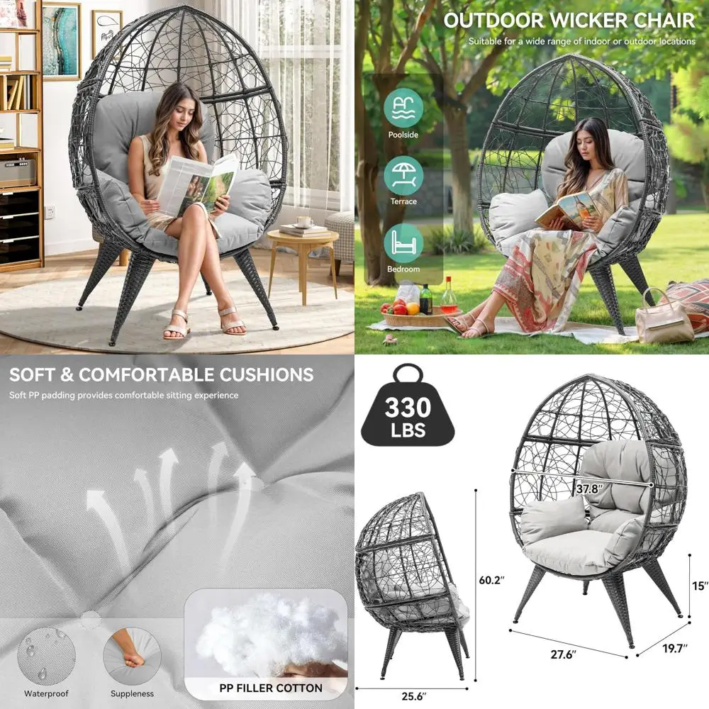 Oversized Wicker Egg Chair with Stand, Cushion, and Leveling Feet for Indoor and Outdoor Use, Ideal for Patio Lounge