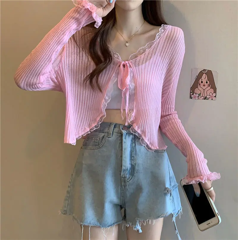 Tie Thin Short Knitted Cardigan Women Summer Korean Lace Edge Casual Long Sleeve Solid Color Sun Shirt Tops 4 Colors