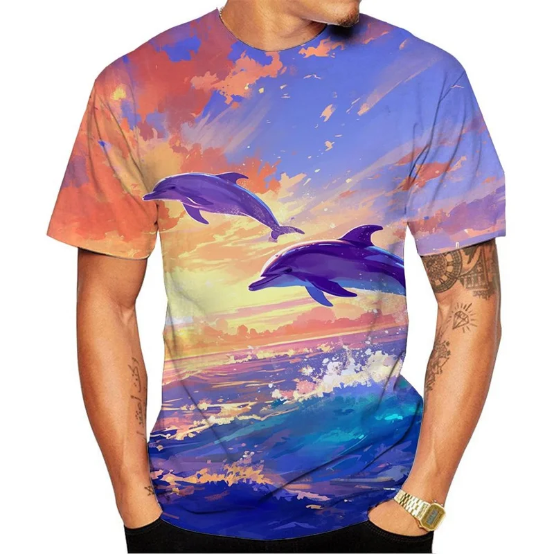 Funny Dolphin Pattern T Shirt For Men Colorful 3D Printed Tees Summer Casual Short Sleeve Loose T-Shirts O-Neck Tops Streetwear