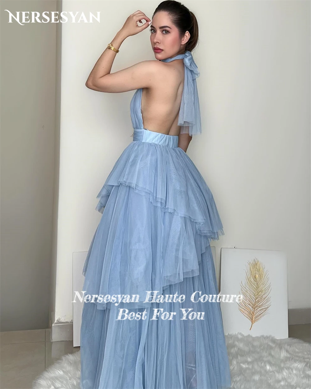 Nersesyan Baby Blue Tulle Formal Prom Dresses Halter Backless A-Line Evening Dress Tiered Ruffles Graduation Party Gowns Solid