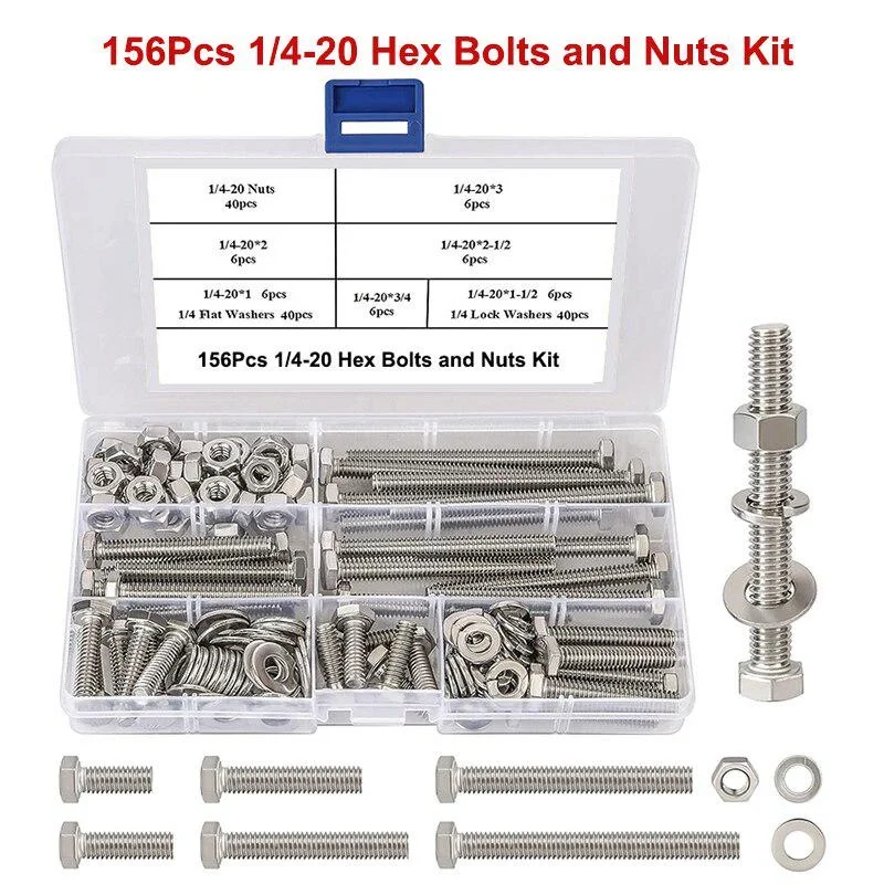 156Pcs 1/4-20 Hex Bolts and Nuts Kit Stainless Steel Heavy Duty External Hexagon Screws Bolts Flat Lock Washers Assortment Kit