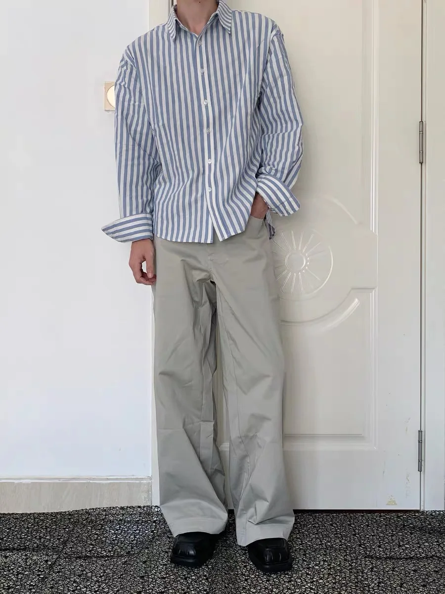 

Мужская рубашка в американском ретро-стиле с сине-белыми полосками, повседневная, свободного кроя, из полиэстера, дышащая, летняя