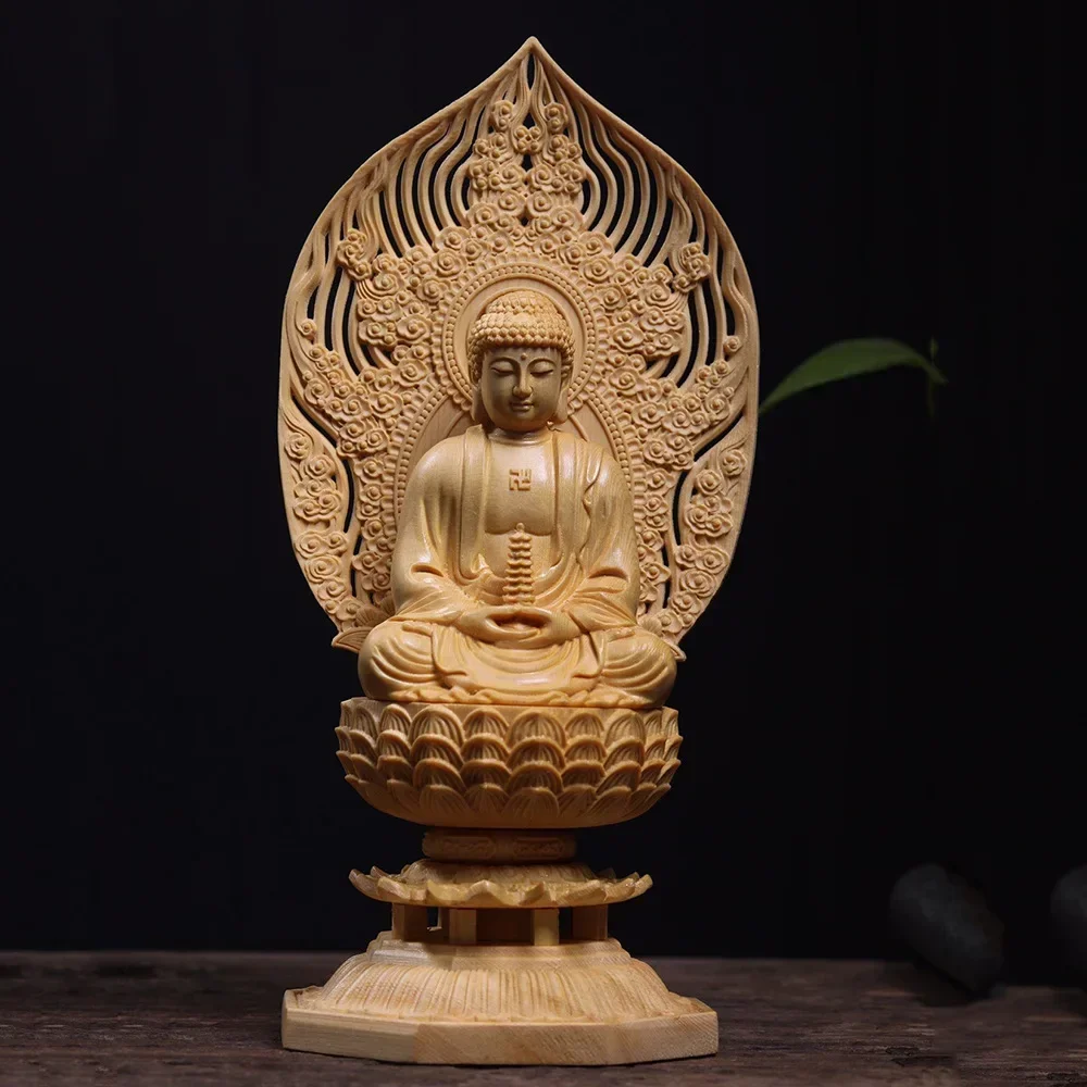 Solid wood carving Sakyamuni Buddha Three Treasure Medicine Buddha ，Semi-hand carved Home living room Feng Shui Furnishings 28cm