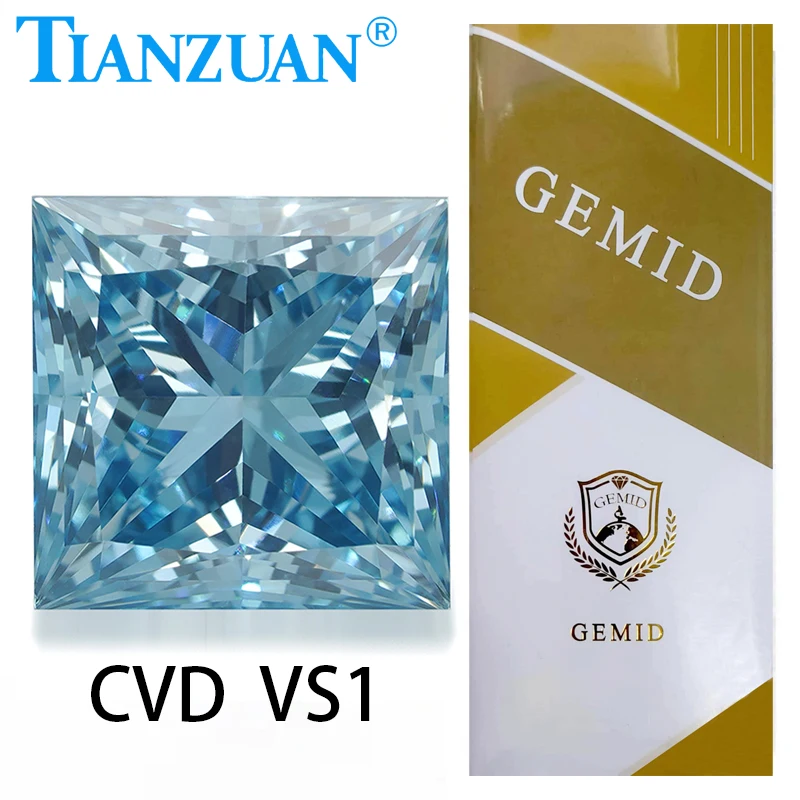 2.4ct Lab Grown Diamond CVD Square Fancy Vivid Blue Color VS1 3EX Loose Gemstone Bead with GEMID Certified