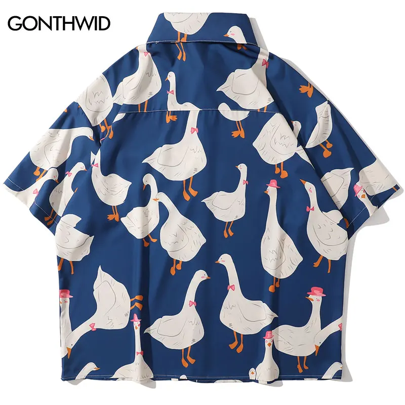 Summer Hawaiian Shirts Funny Retro Duck Print Short Sleeve Pocket Tropical Beach Shirts Harajuku Fashion Loose Button Up Shirt