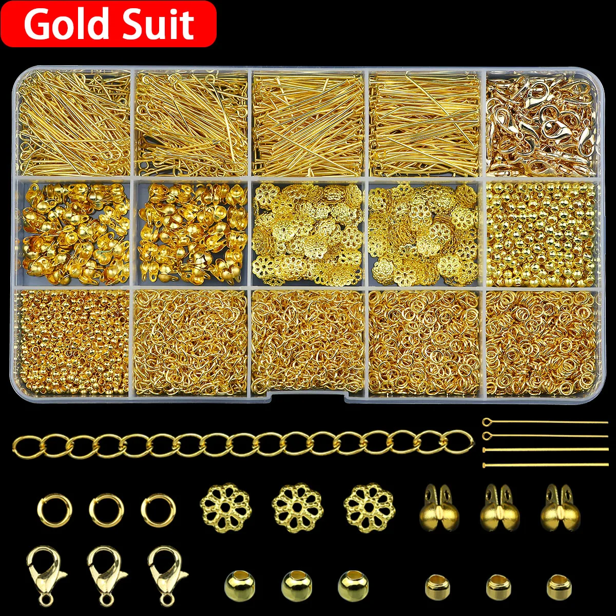 Golden 15 compartment Ensemble Large Set Lobster buckle clasp 9-Shaped needles chain Locator beads For DIY Jewelry Accessories