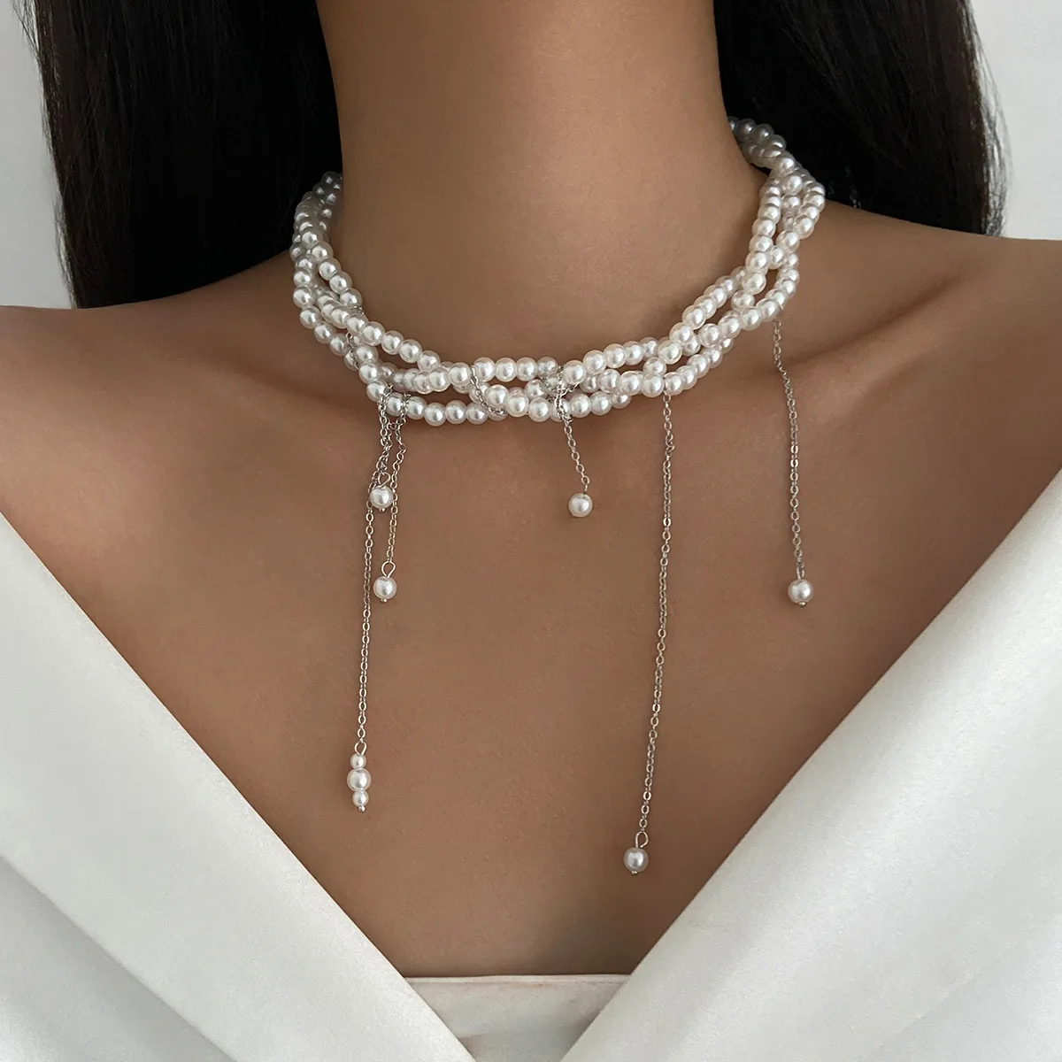 

Ailodo Elegant Multilayer Imitation Pearl Necklace For Women Vintage Short Tassel Necklace Party Wedding Fashion Jewelry Gift