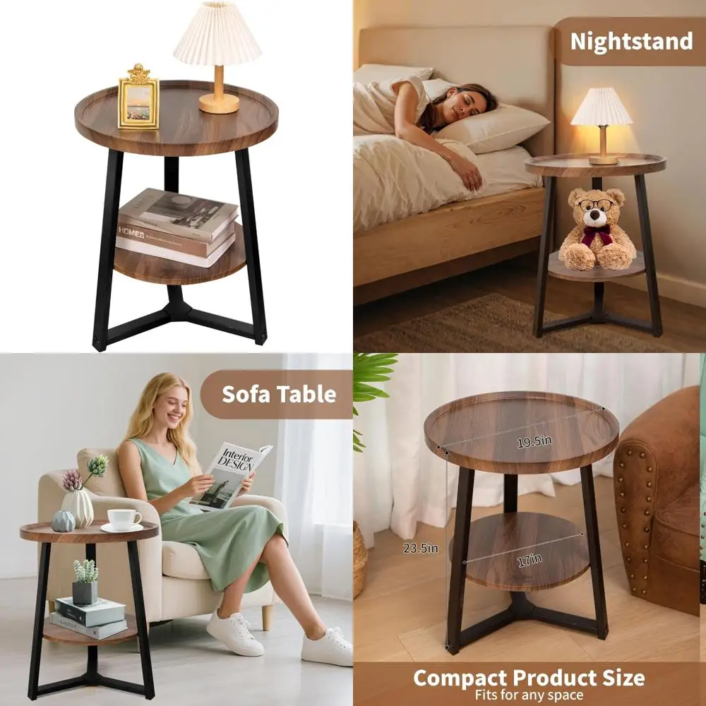 طاولة جانبية مستديرة من مستويين لغرفة المعيشة، منضدة خشبية مدمجة مع مساحة تخزين، قطر 19.5 بوصة #1
