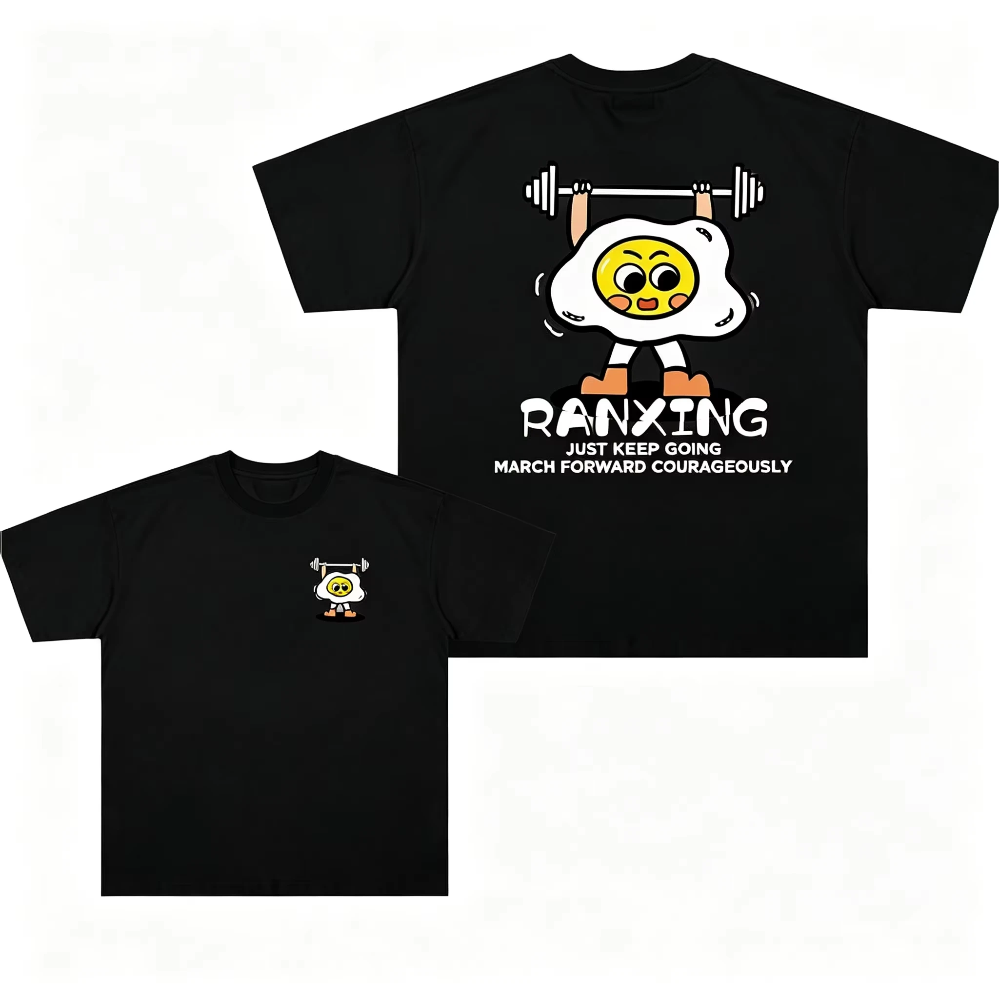 2026 Playful Fitness Cartoon Streetwear Aesthetic Weightlifting Fried Egg Double-sided Graphic Print Cotton Unisex Crew T-Shirt