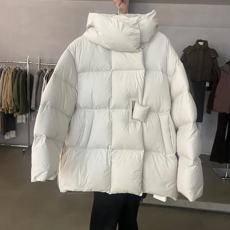 2026 Winter 90% White Duck Down Coat For Women Mid-Length Hooded Thick Puffer Jacket Female Button Design Loose Parkas