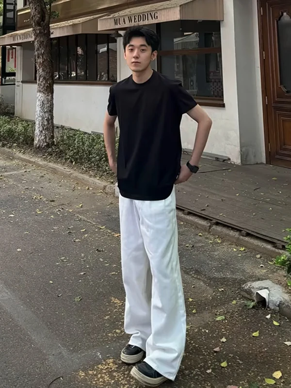 

White Elastic Blade Jeans Men Summer American High Sense Boys Haome Pants Slim Straight Leg Jeans Wide Leg mid Waist Long