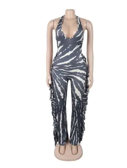 موضة جديدة 2025 مثير عادية أنيقة ومثيرة سليم صالح مطاطا عارية الذراعين هامش طباعة معلقة الرقبة حزام مايكرو متوهج بذلة