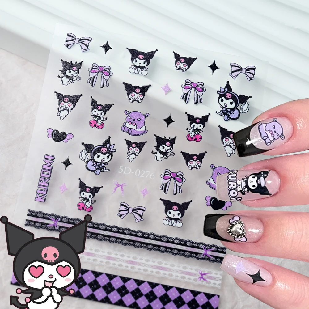 5D Embossed Cute Kuromi Nail Sticker Kawaii Cartoon Hello Kitty Pochacco Nail Art Decals Sanrio Characters Self Adhesive Sliders