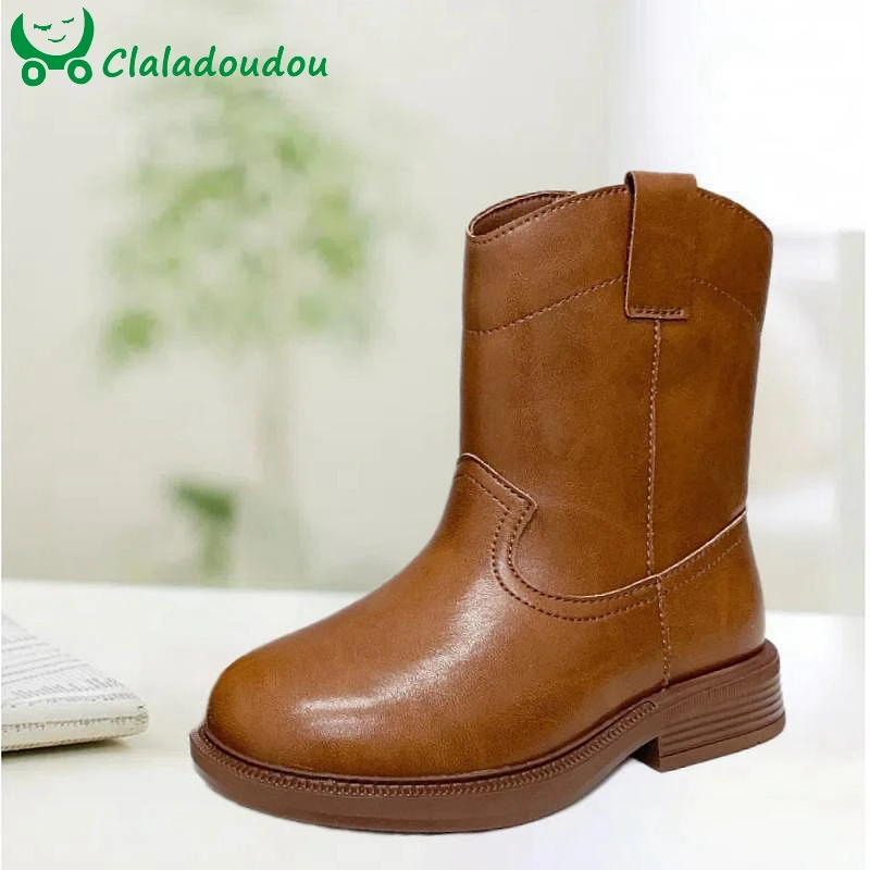 

Brand Simple mid-calf Boots For Teenage casual Sold Leather Boots 2024 Autumn Girls Retro Euro-American Style Single Boots