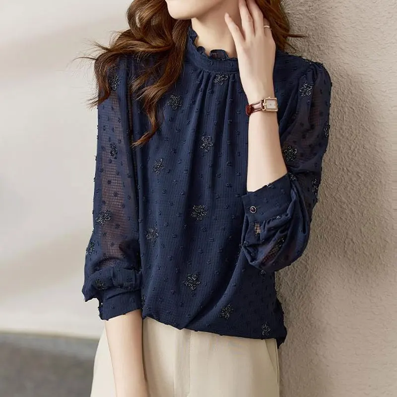 Female Clothing Casual Solid Color Blouse Stylish Dot Floral 2024 Spring Autumn Commute Ruffles Stand Collar Korean Button Shirt