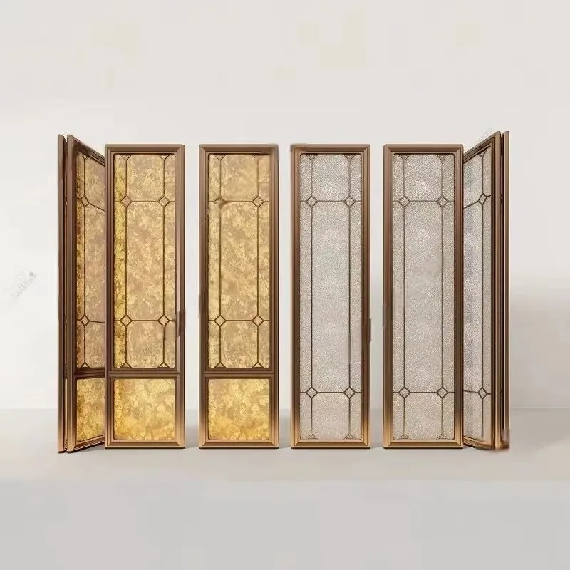 Custom New Chinese Wrought Iron Glass Folding Room Divider, Movable Decorative Partition for Living Room, Hotel & Club Entryway